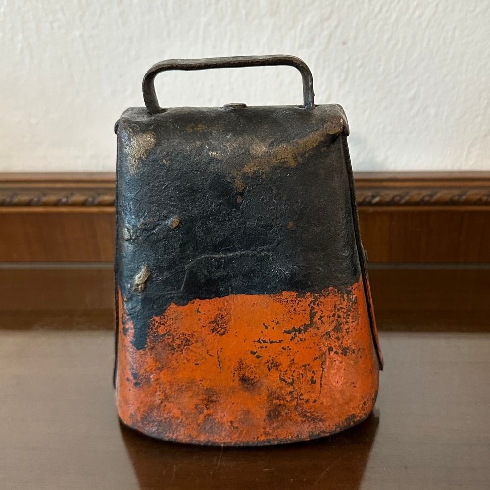 Vintage Rustic Metal Cowbell Black‎ Orange Primitive Farmhouse Decor 6 Inch
